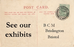 Postcard saying 'See our exhibits'.